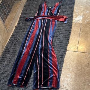 Only Striped Velvet Jumpsuit in Red, Navy & Black